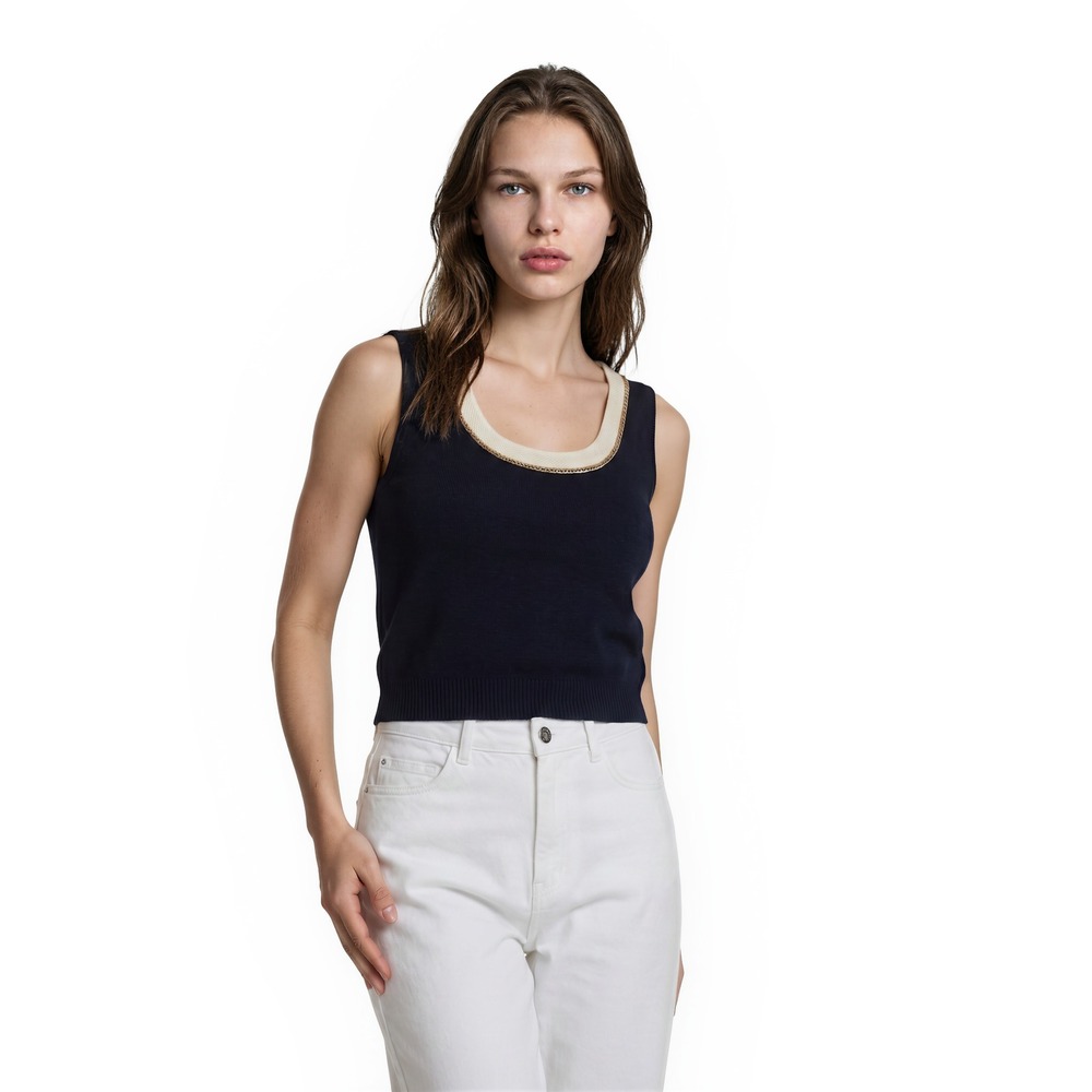 St. John Evening Knit Top Tank Women's Size 14 Navy Cream Beaded Scoop Neck